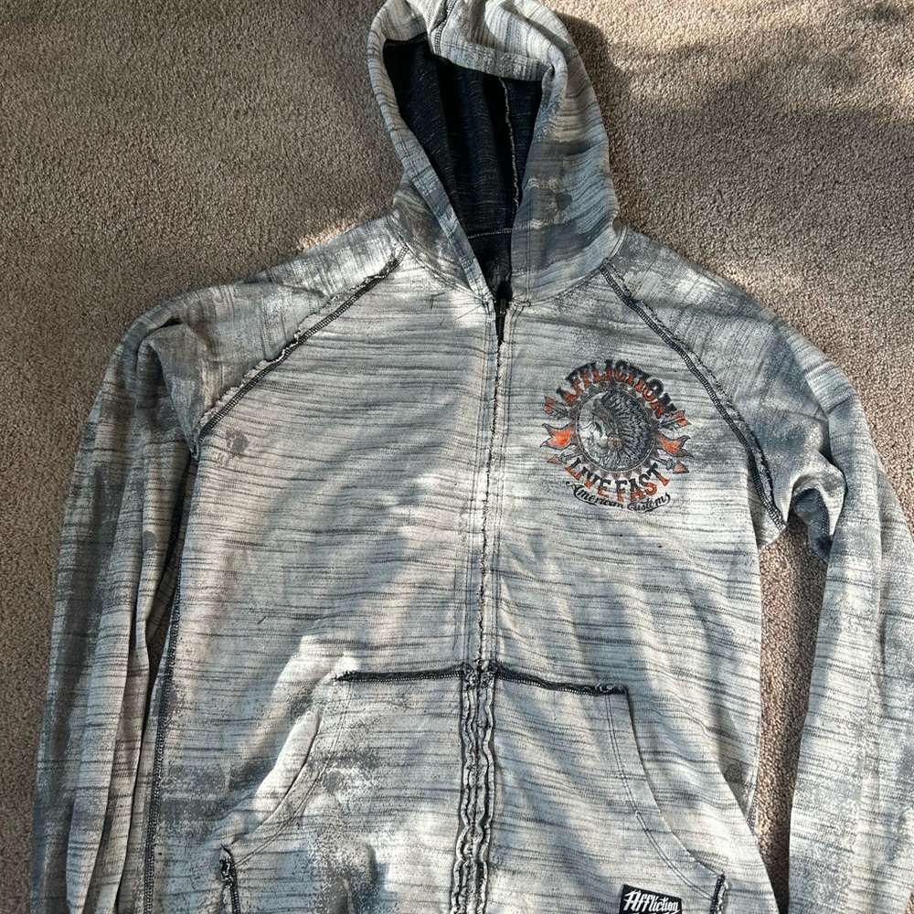 Men’s affliction hoodie washed out grey size large